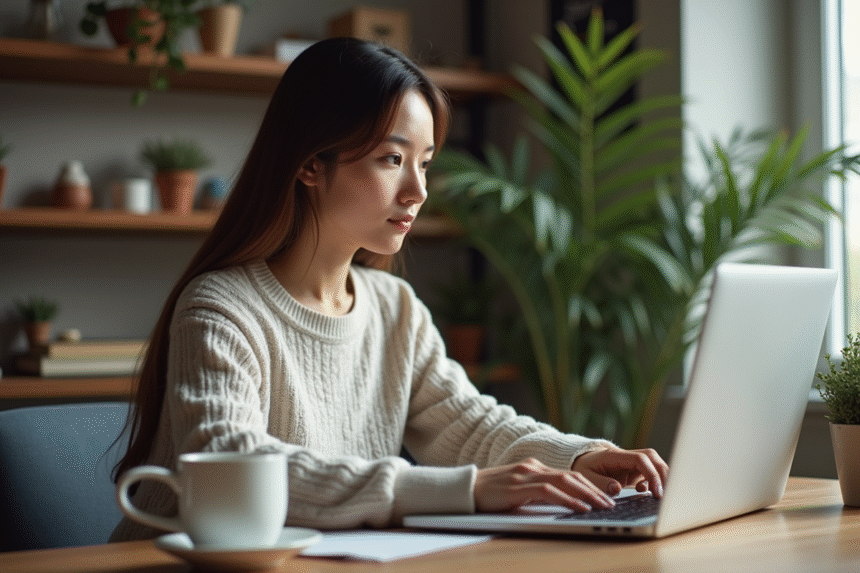 Jeune femme concentrée travaillant sur son ordinateur dans un bureau cosy