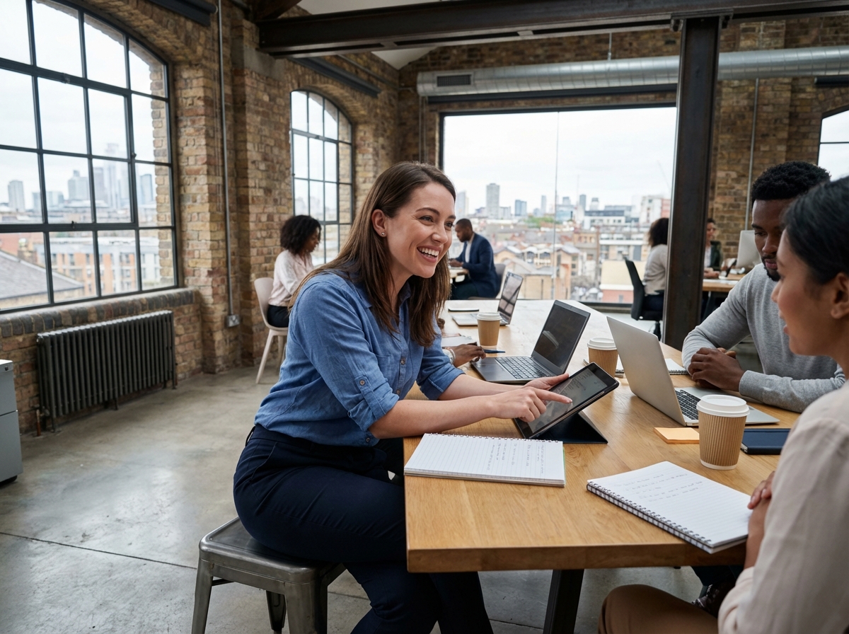 Jeune femme en coworking collabore avec collègues sur tablettes numériques