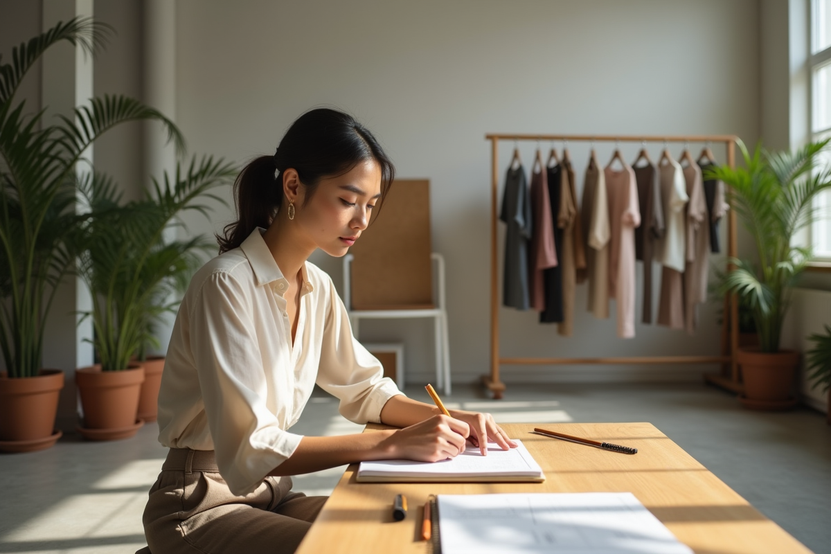 Jeune créatrice de mode esquissant ses designs dans un loft lumineux