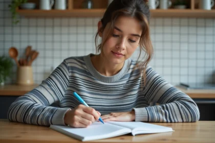 Jeune femme concentrée écrivant dans un cahier de grammaire