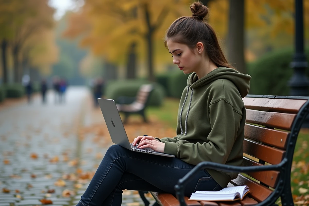 Jeune femme concentrée sur son ordinateur portable prenant des notes de grammaire française dans un parc en automne