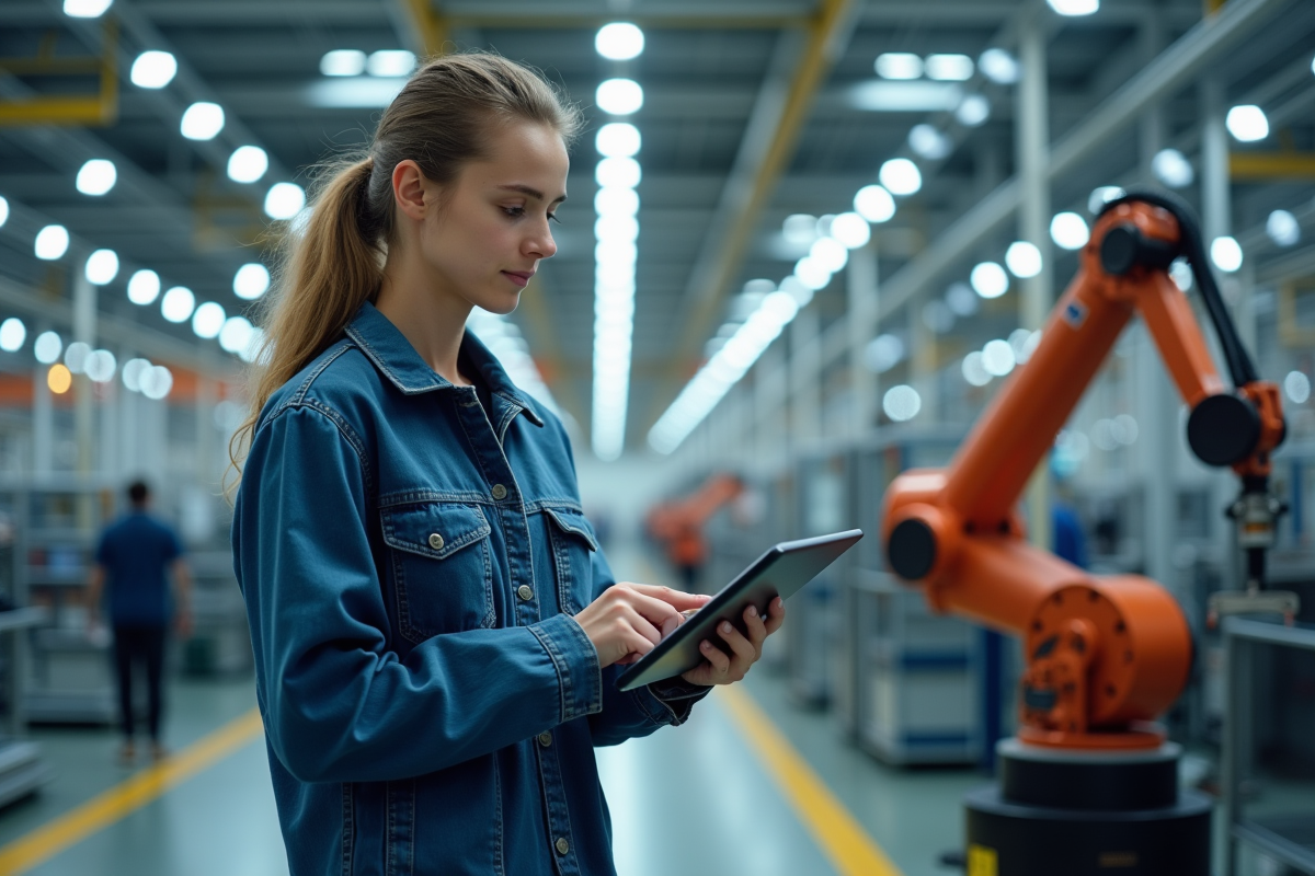 Jeune ingénieure automobile vérifiant une tablette près d