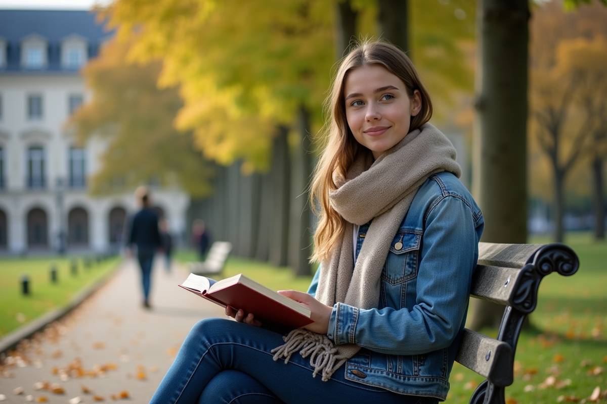 Jeune femme lisant dans un parc paisible en France