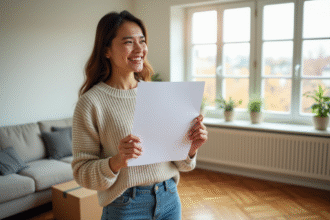 Jeune femme souriante tenant un contrat de location dans un appartement lumineux