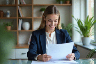 Femme professionnelle examine des documents de prêt immobilier
