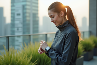 Jeune femme en veste futuriste sur un rooftop urbain