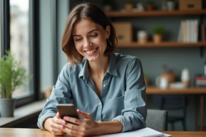 Jeune femme confiante utilisant son smartphone dans un appartement cosy