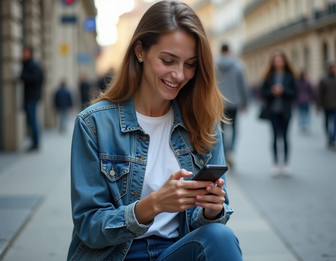 Jeune femme en ville consultant la liste d'appels récents avec un numéro inconnu à l'indicatif +212 sur son téléphone