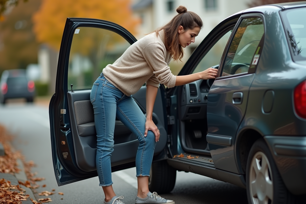 Jeune femme regarde le levier de vitesse de sa voiture