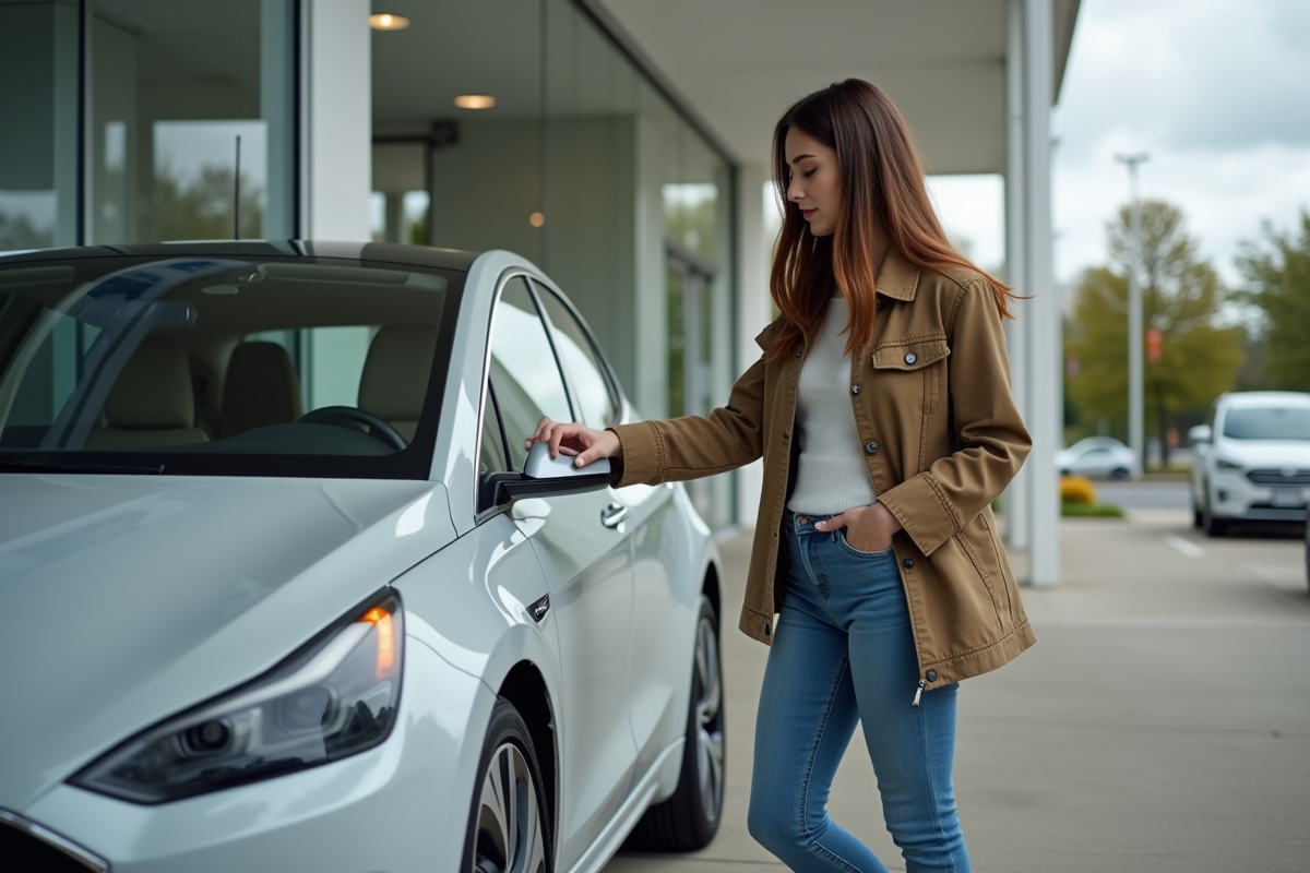 Jeune femme regarde une voiture électrique en concession
