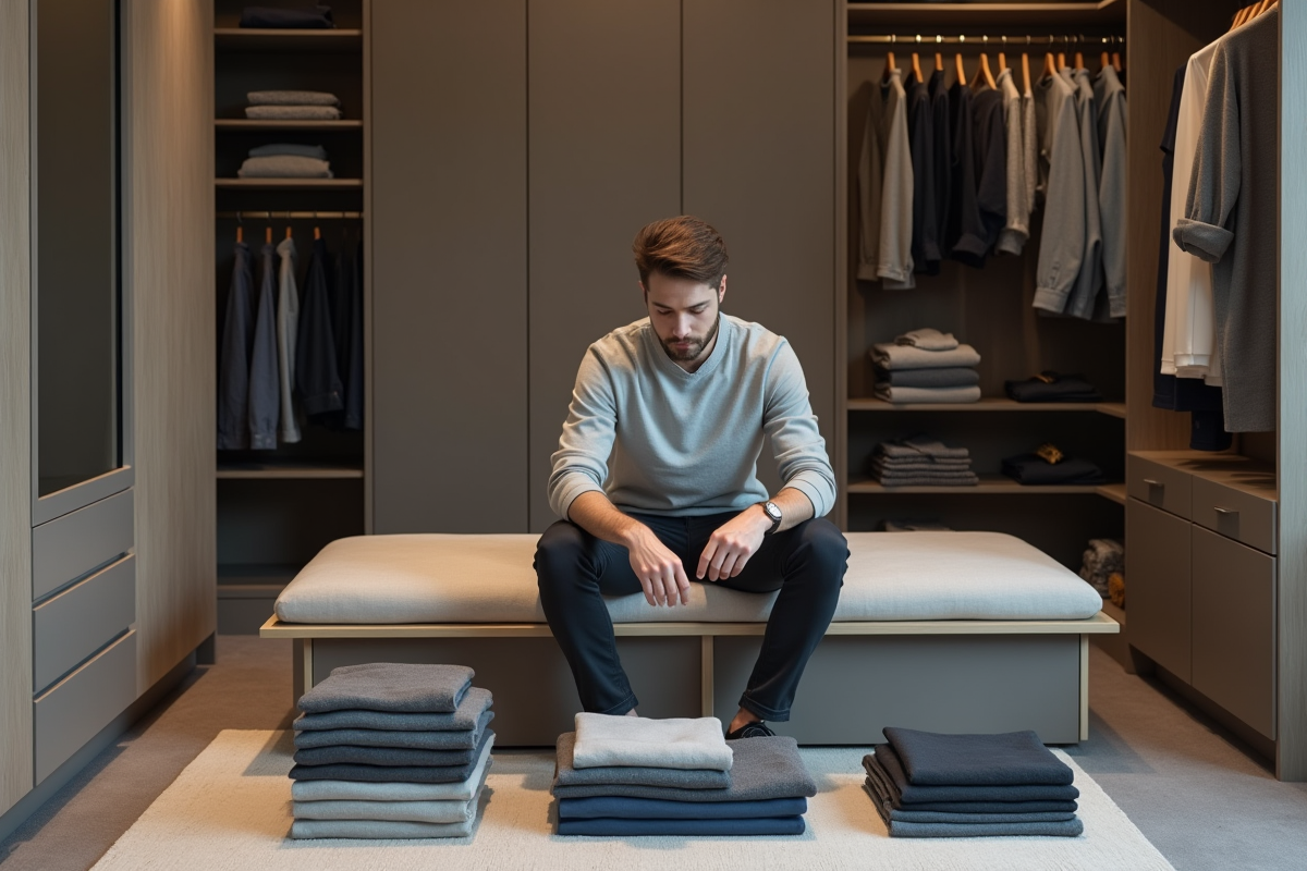 Jeune homme préparant des tenues dans un dressing moderne