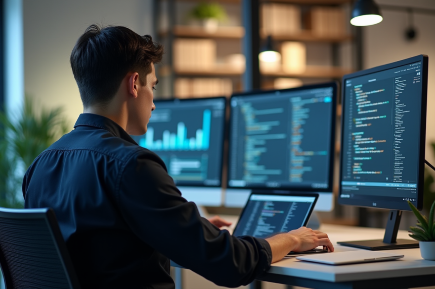 Jeune homme concentré en coding dans un bureau moderne
