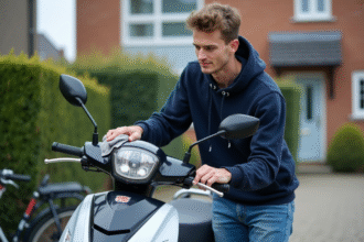 Jeune homme nettoyant un scooter neuf en extérieur