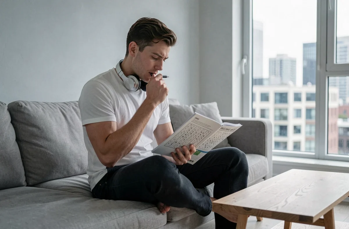 Jeune homme résolvant un magazine de sudoku sur un canapé dans un appartement moderne et minimaliste