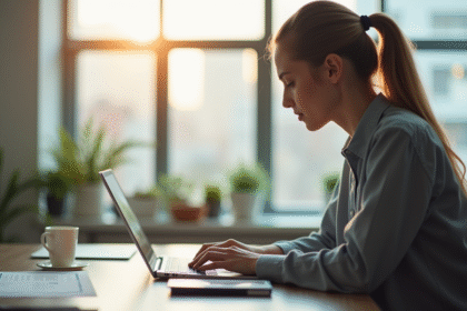 Jeune professionnel travaillant sur un ordinateur portable dans un bureau lumineux