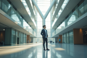 Jeune professionnel confiant dans un bureau moderne en forme de Y