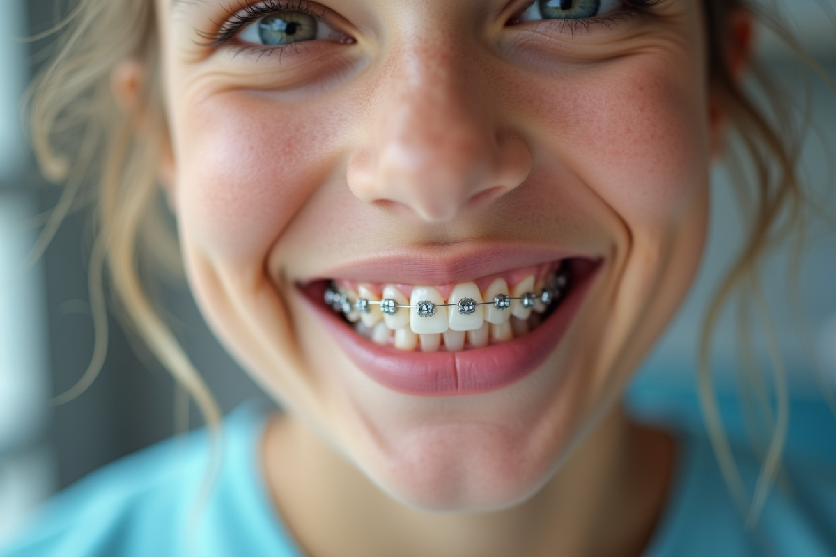 Jeune adulte souriant montrant appareils dentaires en clinique