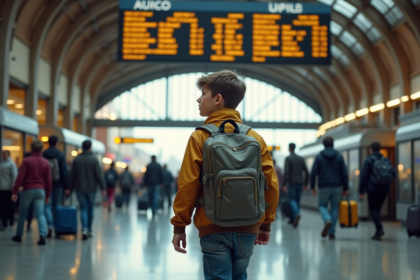 Jeune garçon avec sac à dos dans une gare européenne animée