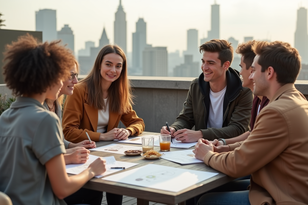 Groupe de jeunes créatifs discutant en extérieur sur un rooftop