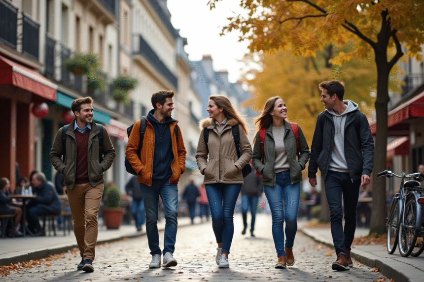 Groupe d'étudiants dans une ville française animée