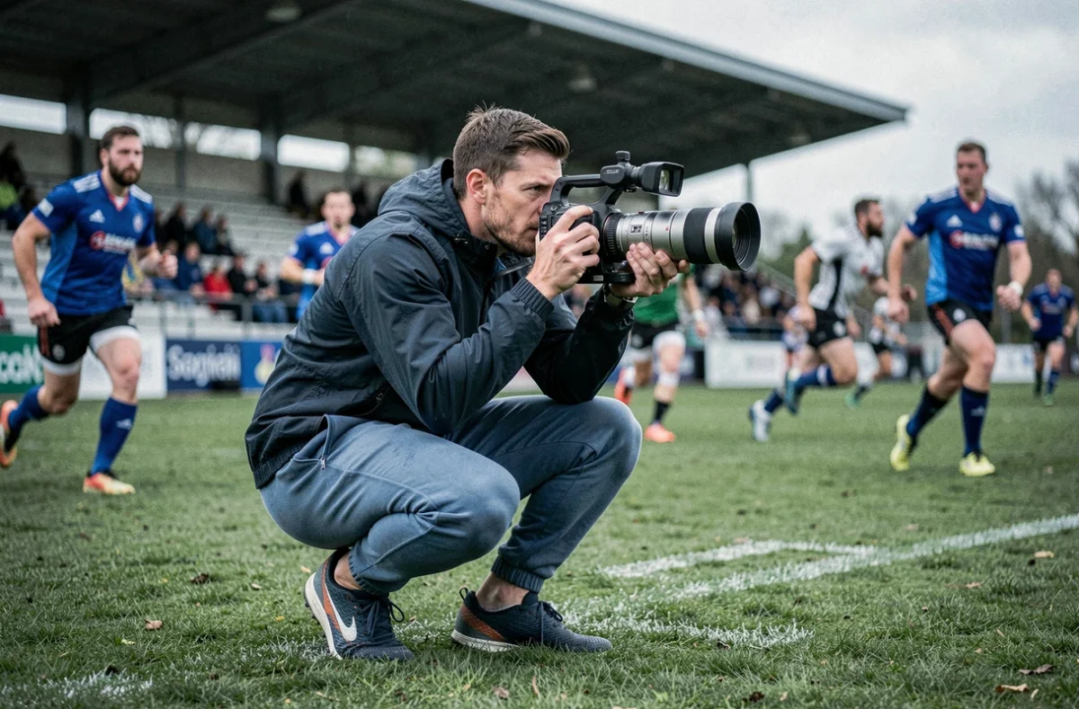 Vidéaste sportif filmant un match de rugby en extérieur avec une caméra professionnelle sur le bord du terrain