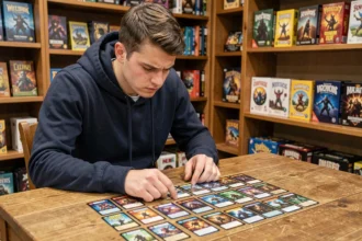Jeune joueur débutant étudiant ses cartes de la collection Flammes Fantasmagoriques dans une boutique de jeux de cartes