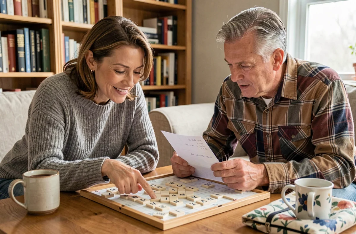Deux adultes jouant au Scrabble, une femme désignant les lettres I et N sur le plateau lors d'une partie conviviale