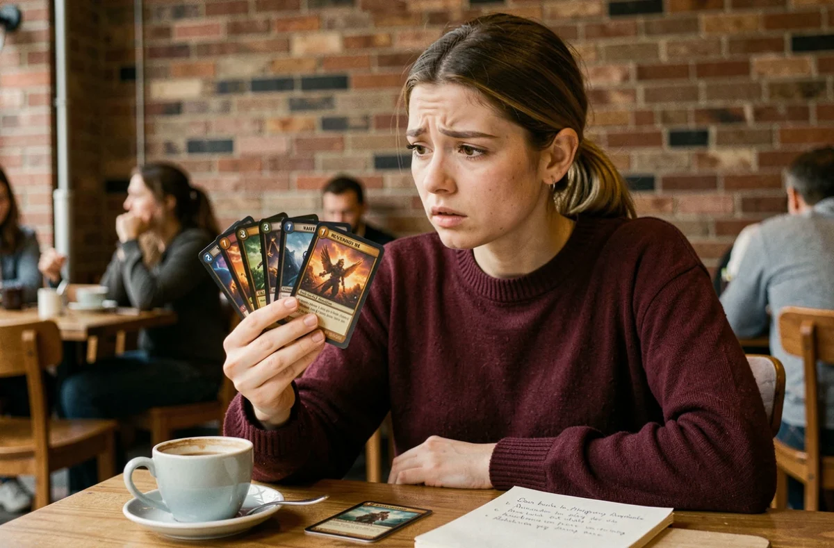Joueuse débutante analysant sa main de cartes Flammes Fantasmagoriques dans un café avec des notes de stratégie