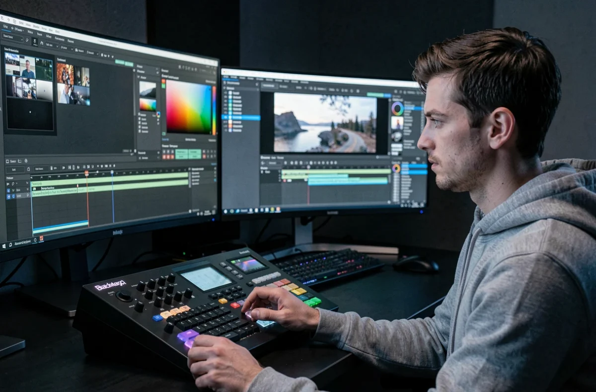 Monteur vidéo travaillant sur DaVinci Resolve avec des panneaux de colorimétrie dans un studio de post-production professionnel