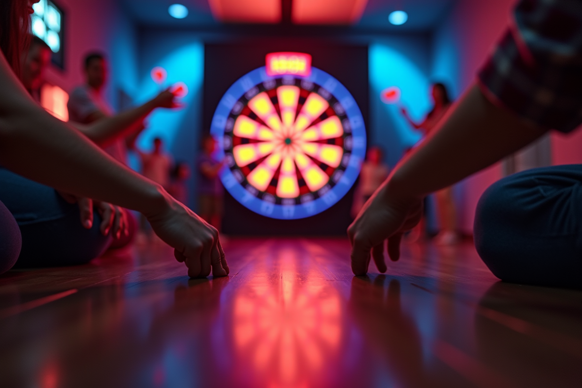 Mains lançant une fléchette vers le tableau électronique lumineux