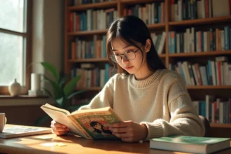 Jeune femme lisant un manga japonais dans une bibliothèque personnelle confortable, illustrant la lecture de scan manga