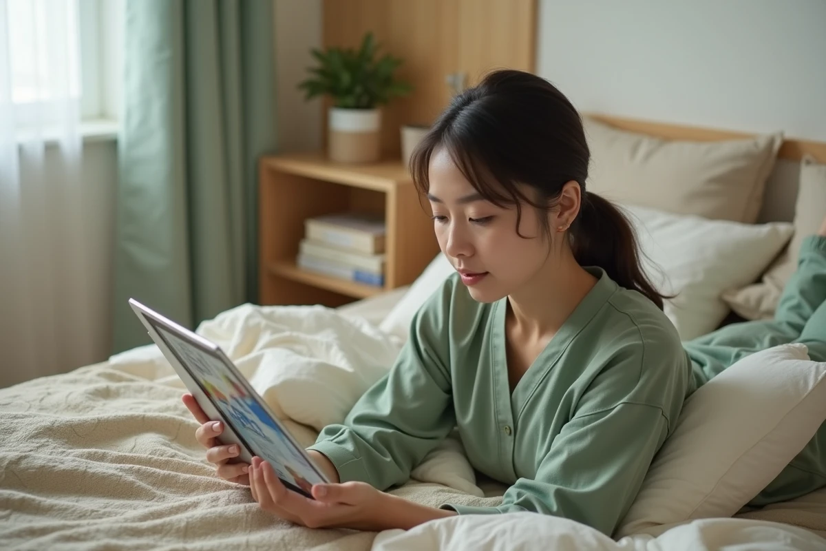 Jeune femme lisant des scans de manga sur tablette dans sa chambre, illustrant la lecture de manga numérique en version non censurée