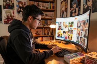 Jeune homme lisant des scans manga en avant-première sur un grand écran dans un bureau otaku cosy