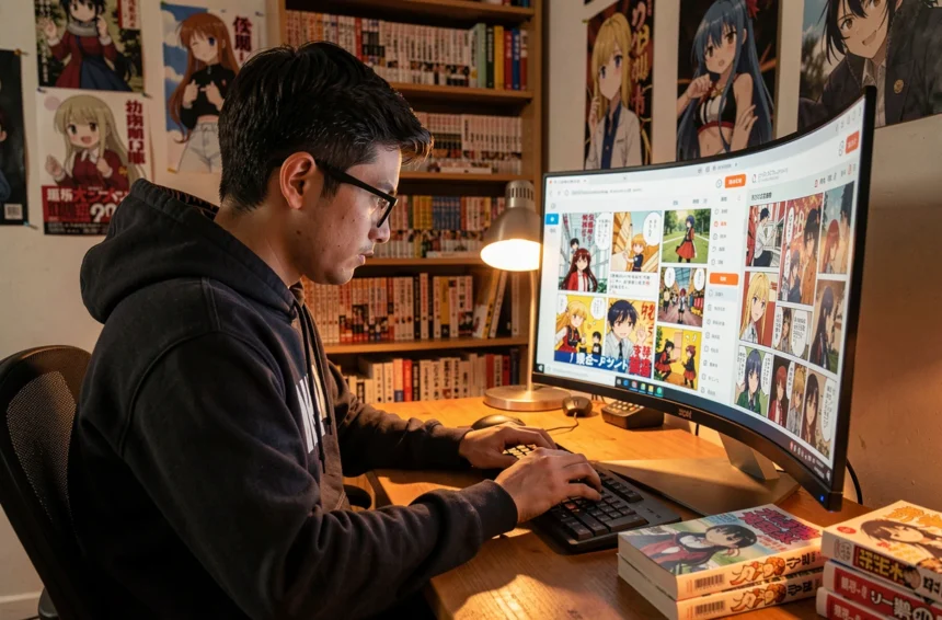 Jeune homme lisant des scans manga en avant-première sur un grand écran dans un bureau otaku cosy
