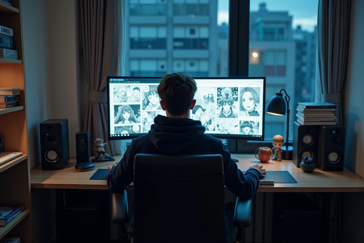 Homme consultant des scans de manga sur ordinateur dans un appartement moderne, représentant la lecture numérique de manga
