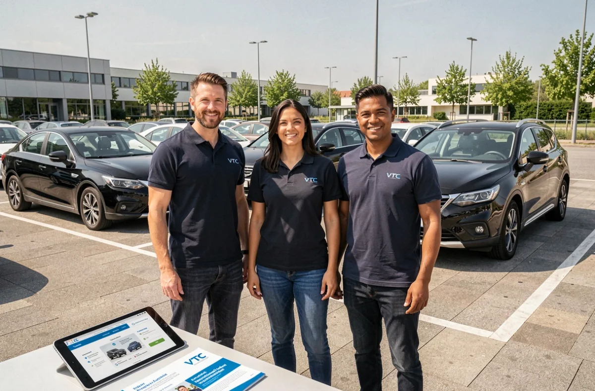 Équipe de chauffeurs VTC en polo noir devant une flotte de véhicules noirs pour la plateforme LibertyMobile en Occitanie