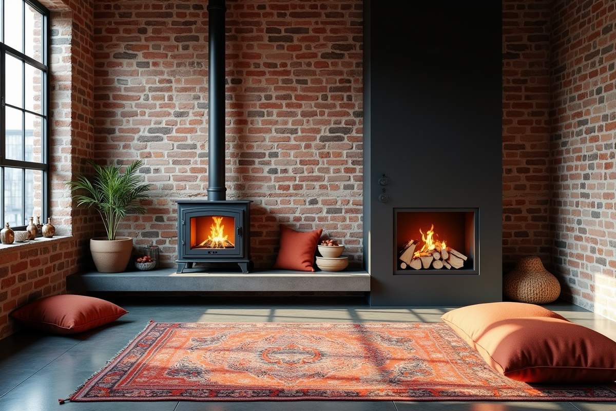 Intérieur loft industriel avec poele en bois et éclairage naturel