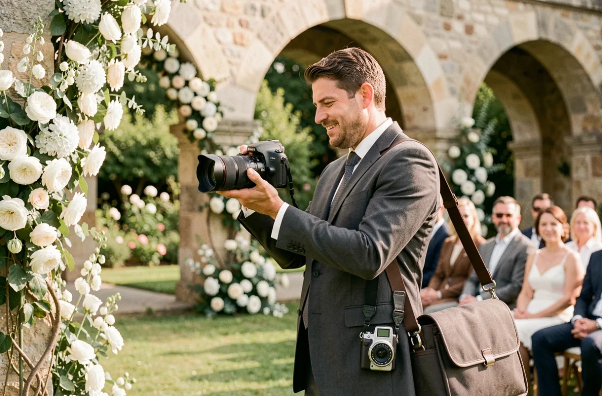 Vidéaste mariage hybride filmant une cérémonie en plein air dans un jardin français avec un appareil photo et une caméra simultanément