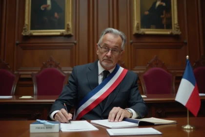 Maire français en écharpe tricolore consultant des documents officiels dans la salle du conseil municipal