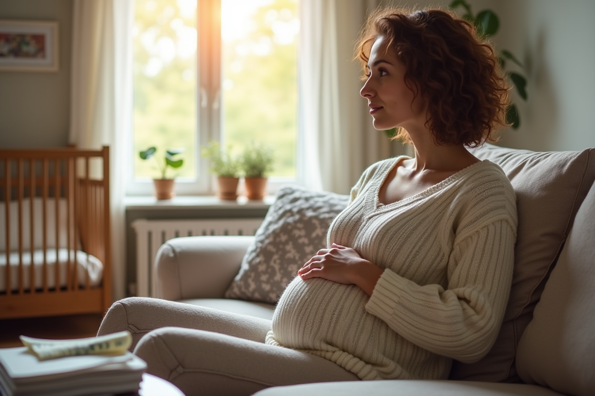 Femme enceinte dans son salon regardant par la fenetre