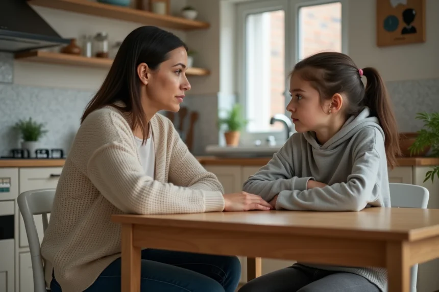 Maman et fille discutent sérieusement à la cuisine