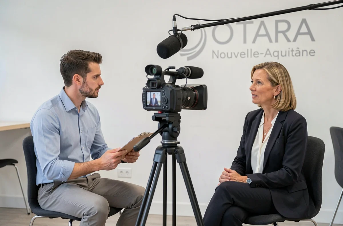 Vidéaste spécialisé en interviews filmant un témoignage professionnel dans un espace de coworking en Nouvelle-Aquitaine