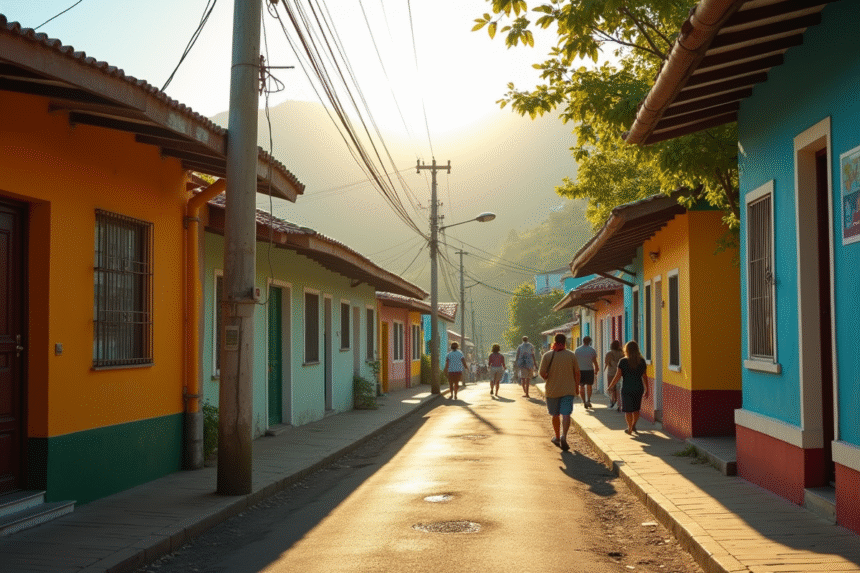 Scène de rue matinale en Martinique avec maisons colorées