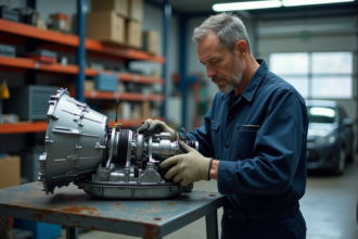 Mécanicien homme en combinaison examine une transmission auto