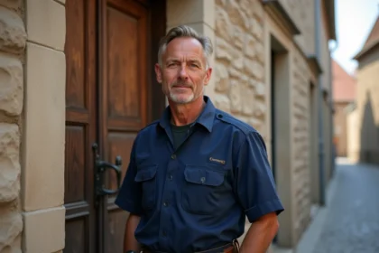 Serrurier professionnel devant un bâtiment en pierre typique de la Meuse, représentant les meilleurs artisans serruriers de la région