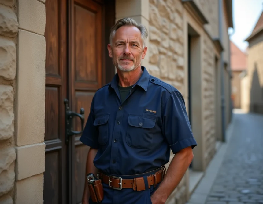 Serrurier professionnel devant un bâtiment en pierre typique de la Meuse, représentant les meilleurs artisans serruriers de la région