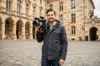 Vidéaste professionnel tenant une caméra cinéma dans une place urbaine de Bordeaux, illustrant le classement des meilleurs vidéastes de Nouvelle-Aquitaine