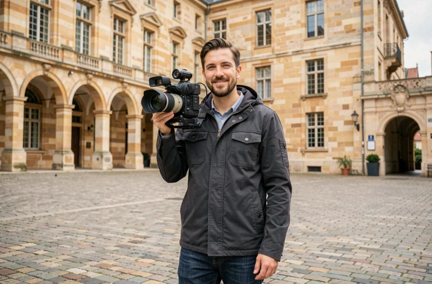 Vidéaste professionnel tenant une caméra cinéma dans une place urbaine de Bordeaux, illustrant le classement des meilleurs vidéastes de Nouvelle-Aquitaine