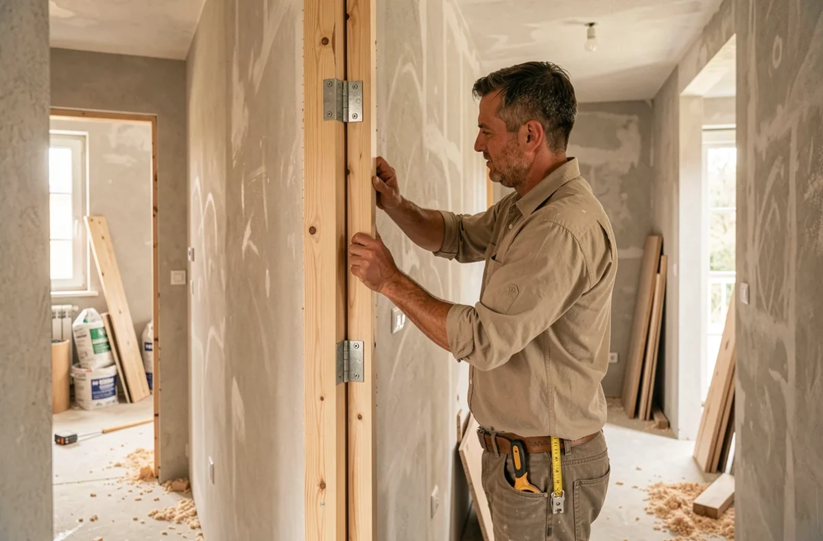 Artisan de Menuiserie Serrurerie Pierrel installant un encadrement de porte en bois dans une maison en rénovation dans la Meuse