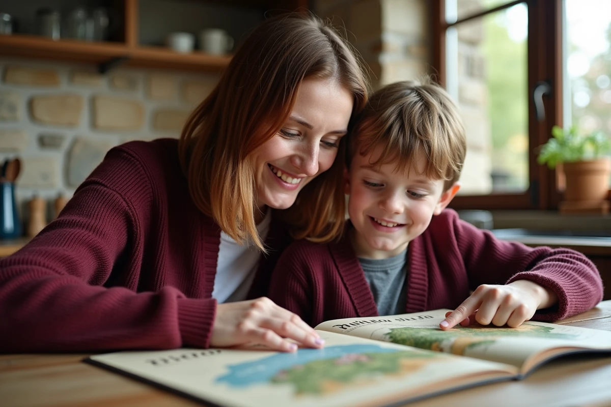 Une mère et son fils découvrent ensemble un atlas illustré des montagnes de France ouvert sur une table en bois rustique